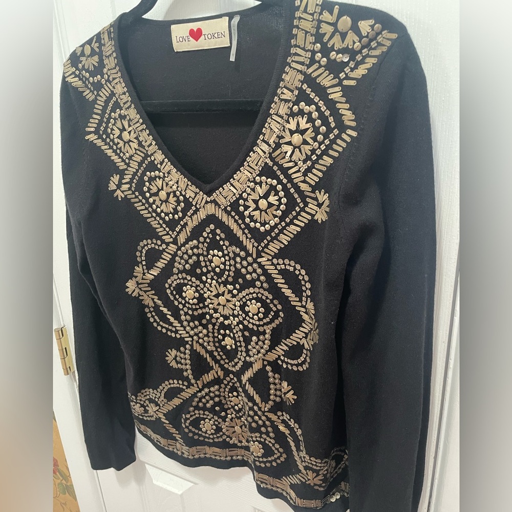 Love Token Black Sweater with Gold metallic Embellishments